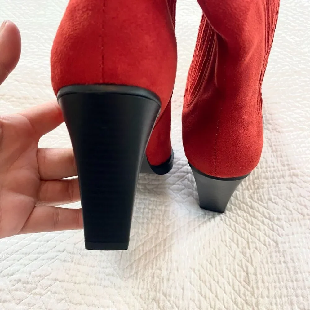 NEW Bright Red Faux Suede Western Cowgirl Silver Metal Snip Toe Cowboy Boots 7